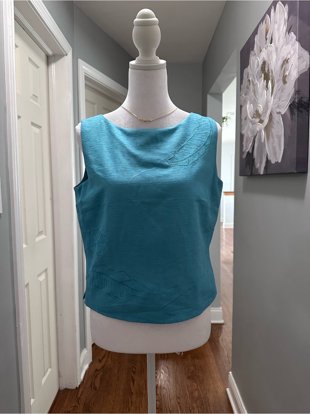 Tommy Bahama Vintage Teal Sleeveless Boatneck Top with Embroidered Leaves
